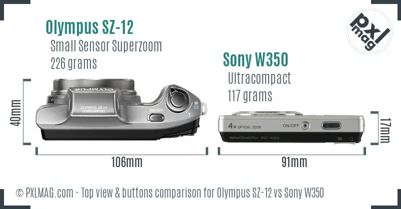 Olympus SZ-12 vs Sony W350 top view buttons comparison