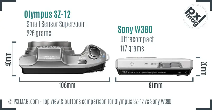 Olympus SZ-12 vs Sony W380 top view buttons comparison