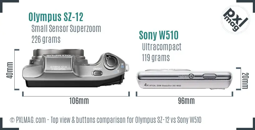 Olympus SZ-12 vs Sony W510 top view buttons comparison