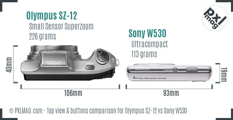 Olympus SZ-12 vs Sony W530 top view buttons comparison