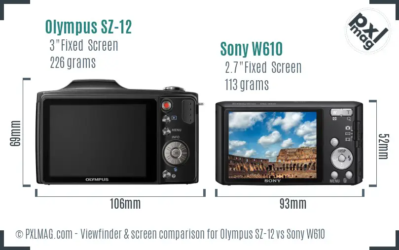 Olympus SZ-12 vs Sony W610 Screen and Viewfinder comparison