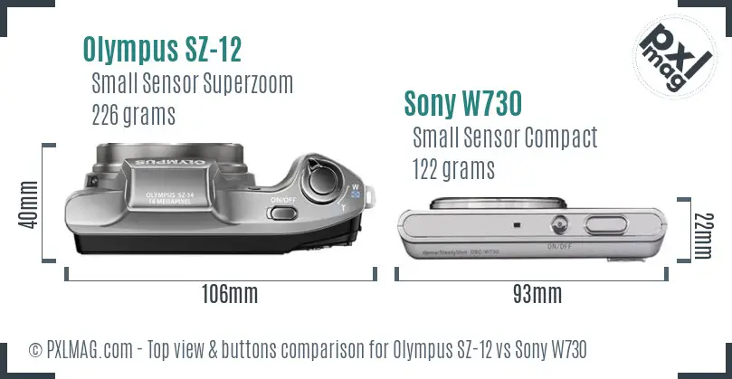 Olympus SZ-12 vs Sony W730 top view buttons comparison