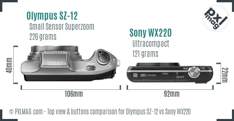 Olympus SZ-12 vs Sony WX220 top view buttons comparison