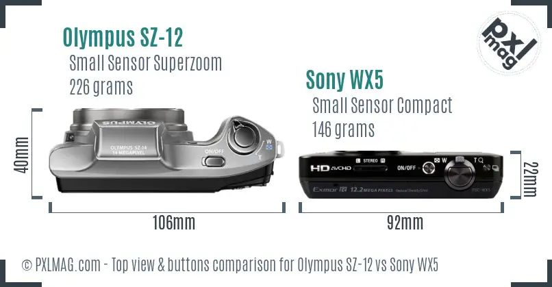 Olympus SZ-12 vs Sony WX5 top view buttons comparison