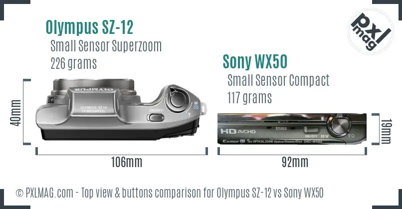 Olympus SZ-12 vs Sony WX50 top view buttons comparison