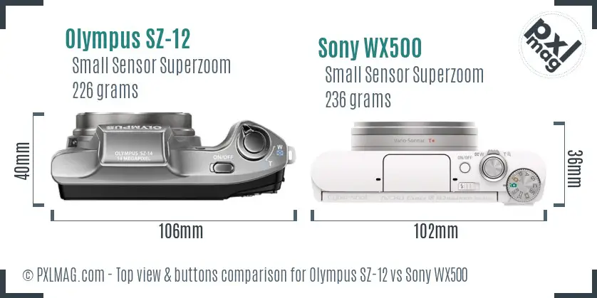 Olympus SZ-12 vs Sony WX500 top view buttons comparison