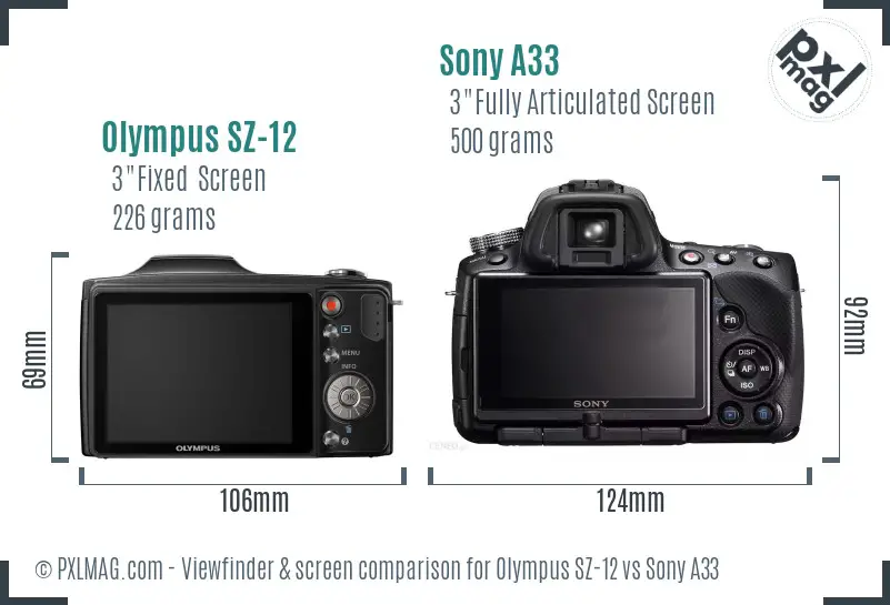 Olympus SZ-12 vs Sony A33 Screen and Viewfinder comparison
