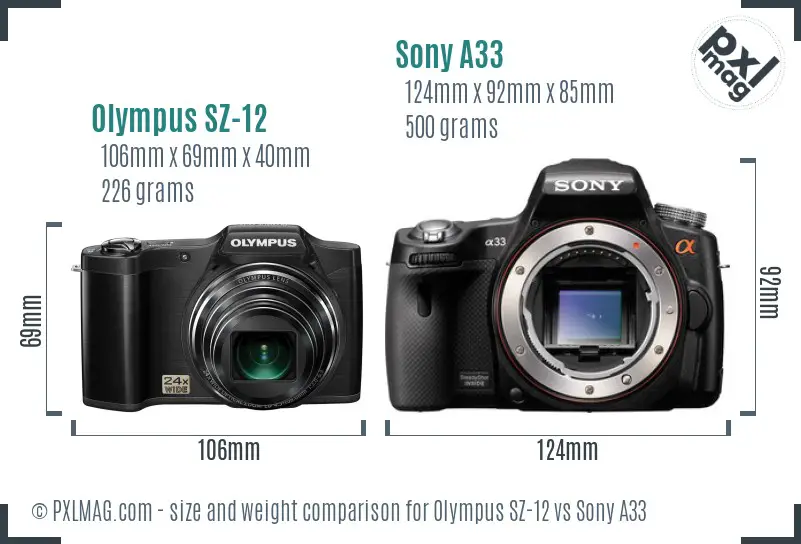 Olympus SZ-12 vs Sony A33 size comparison