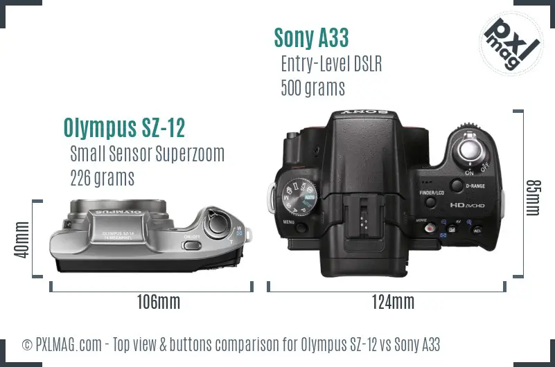 Olympus SZ-12 vs Sony A33 top view buttons comparison