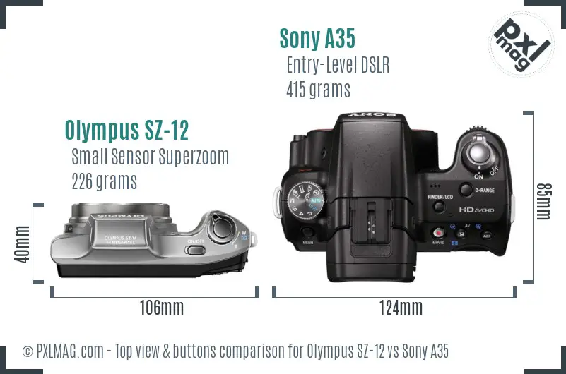 Olympus SZ-12 vs Sony A35 top view buttons comparison