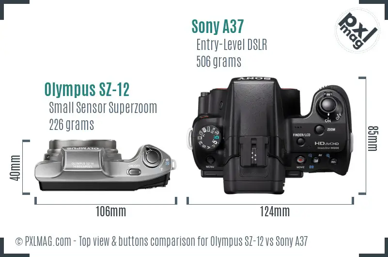 Olympus SZ-12 vs Sony A37 top view buttons comparison