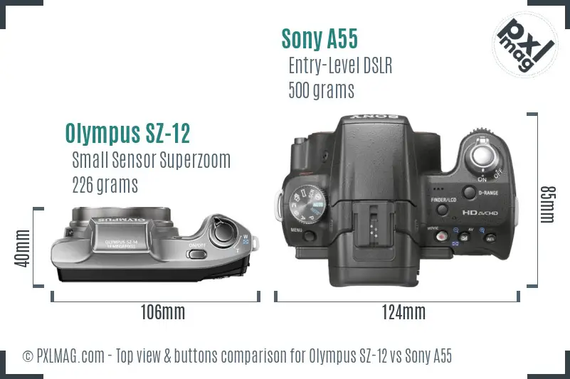 Olympus SZ-12 vs Sony A55 top view buttons comparison