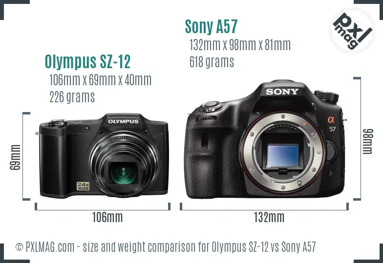 Olympus SZ-12 vs Sony A57 size comparison