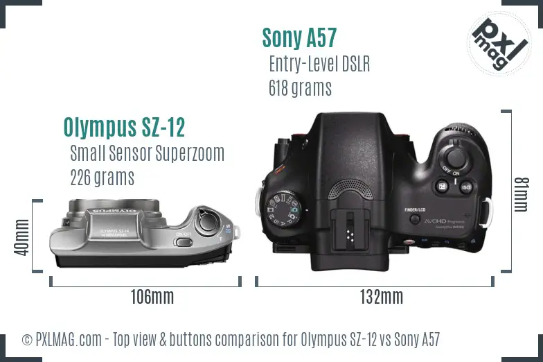 Olympus SZ-12 vs Sony A57 top view buttons comparison