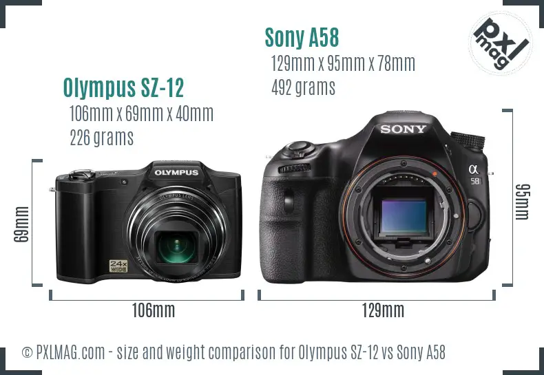 Olympus SZ-12 vs Sony A58 size comparison