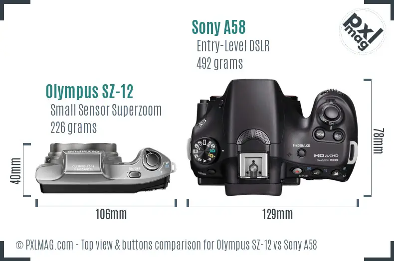 Olympus SZ-12 vs Sony A58 top view buttons comparison