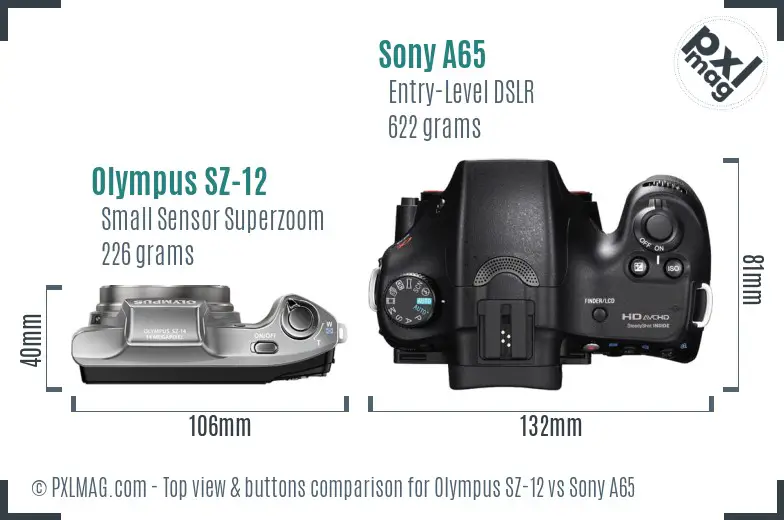 Olympus SZ-12 vs Sony A65 top view buttons comparison