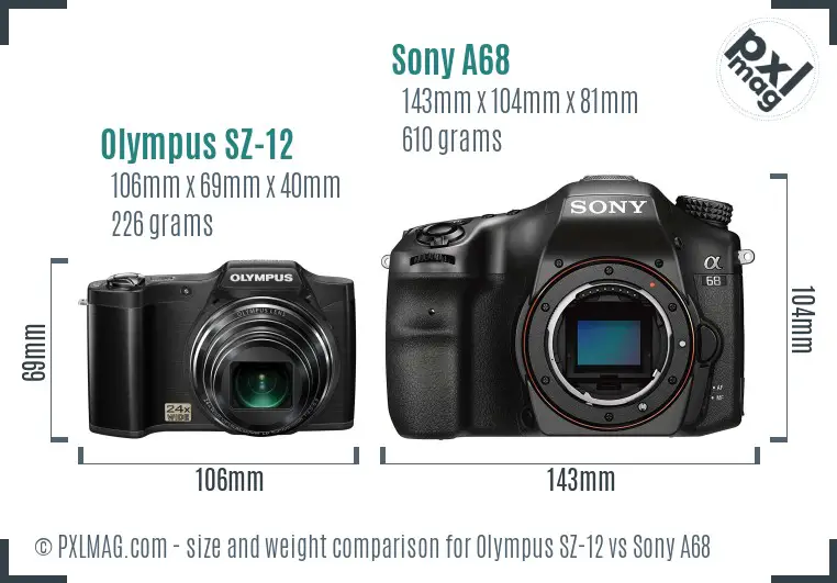 Olympus SZ-12 vs Sony A68 size comparison