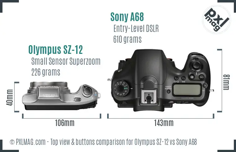 Olympus SZ-12 vs Sony A68 top view buttons comparison