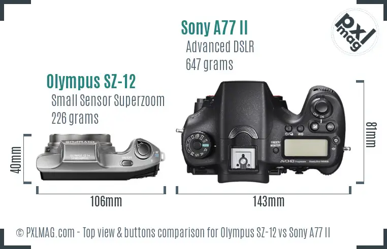 Olympus SZ-12 vs Sony A77 II top view buttons comparison