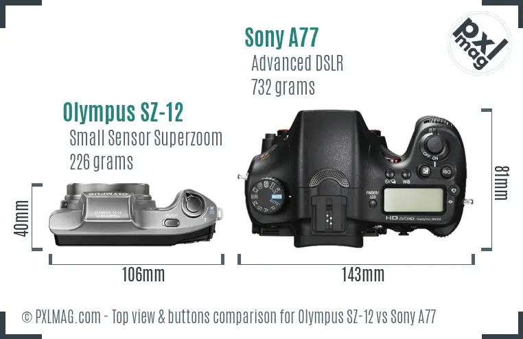 Olympus SZ-12 vs Sony A77 top view buttons comparison