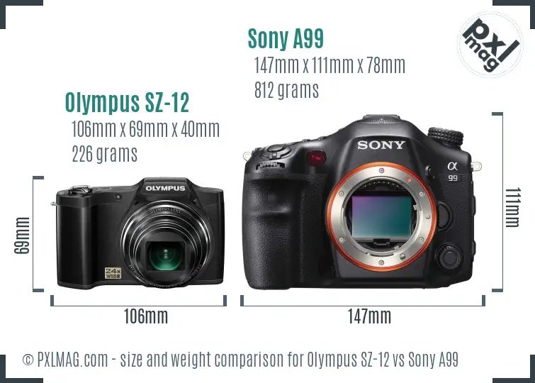 Olympus SZ-12 vs Sony A99 size comparison