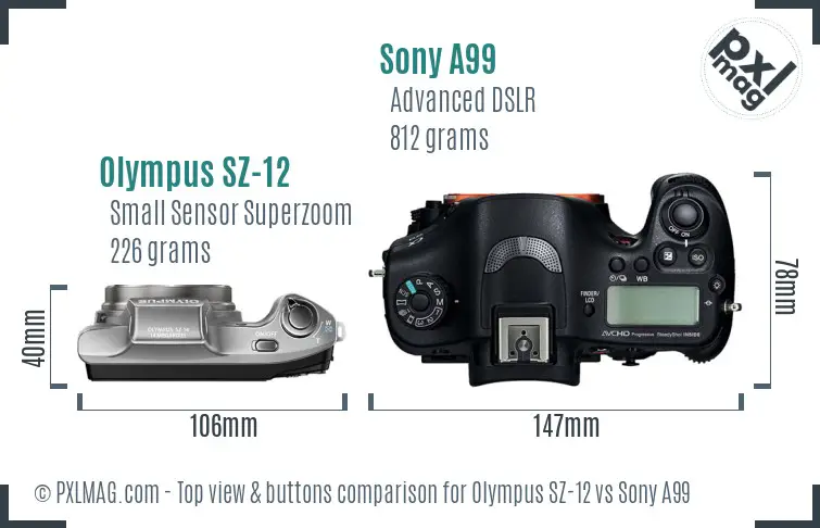 Olympus SZ-12 vs Sony A99 top view buttons comparison