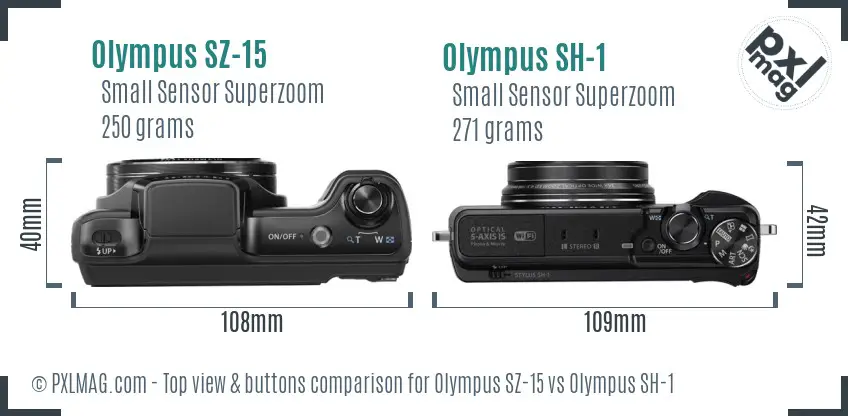 Olympus SZ-15 vs Olympus SH-1 top view buttons comparison