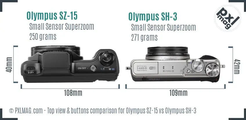 Olympus SZ-15 vs Olympus SH-3 top view buttons comparison
