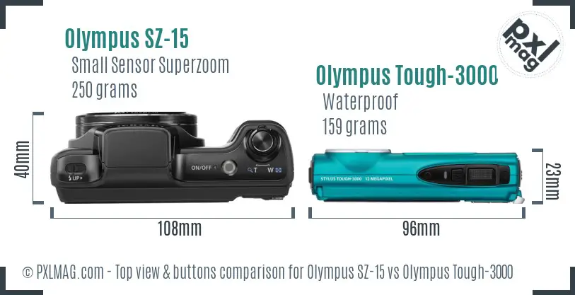Olympus SZ-15 vs Olympus Tough-3000 top view buttons comparison