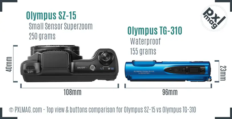 Olympus SZ-15 vs Olympus TG-310 top view buttons comparison