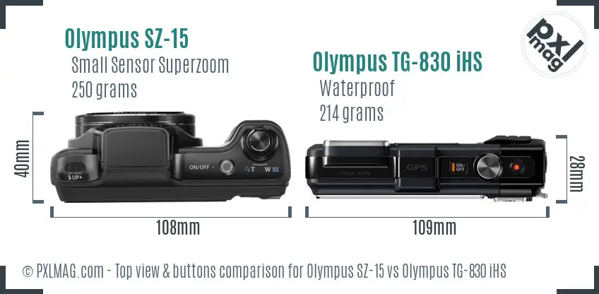 Olympus SZ-15 vs Olympus TG-830 iHS top view buttons comparison