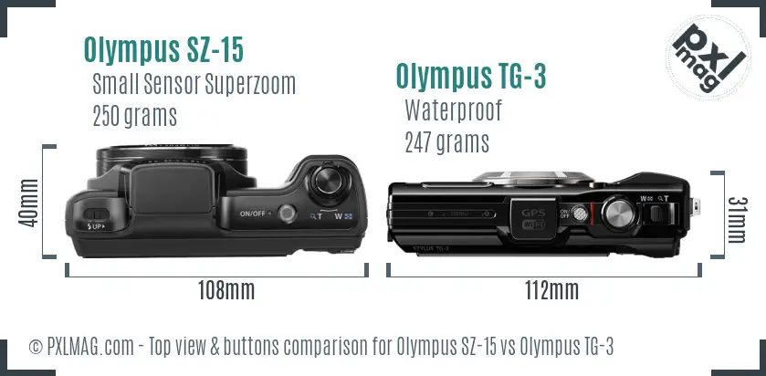 Olympus SZ-15 vs Olympus TG-3 top view buttons comparison