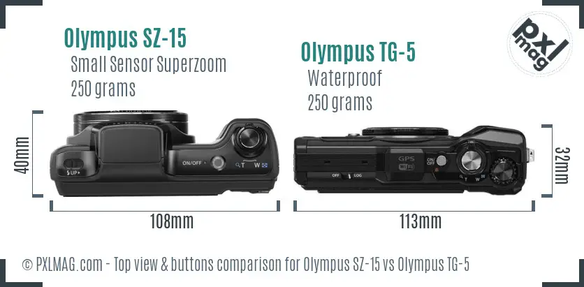 Olympus SZ-15 vs Olympus TG-5 top view buttons comparison