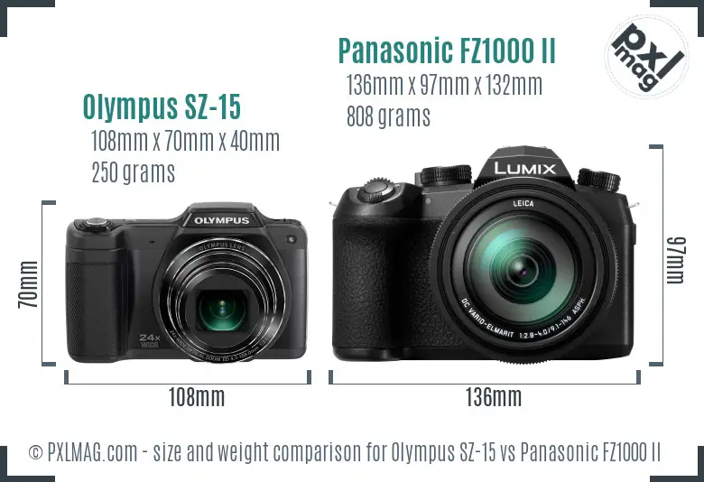 Olympus SZ-15 vs Panasonic FZ1000 II size comparison