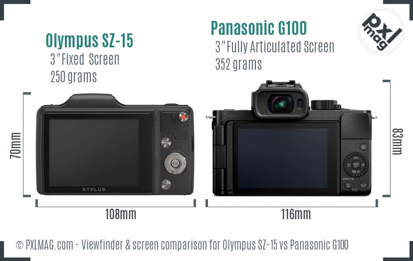 Olympus SZ-15 vs Panasonic G100 Screen and Viewfinder comparison