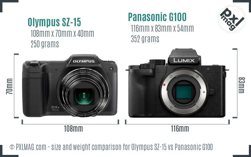 Olympus SZ-15 vs Panasonic G100 size comparison