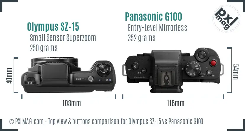 Olympus SZ-15 vs Panasonic G100 top view buttons comparison