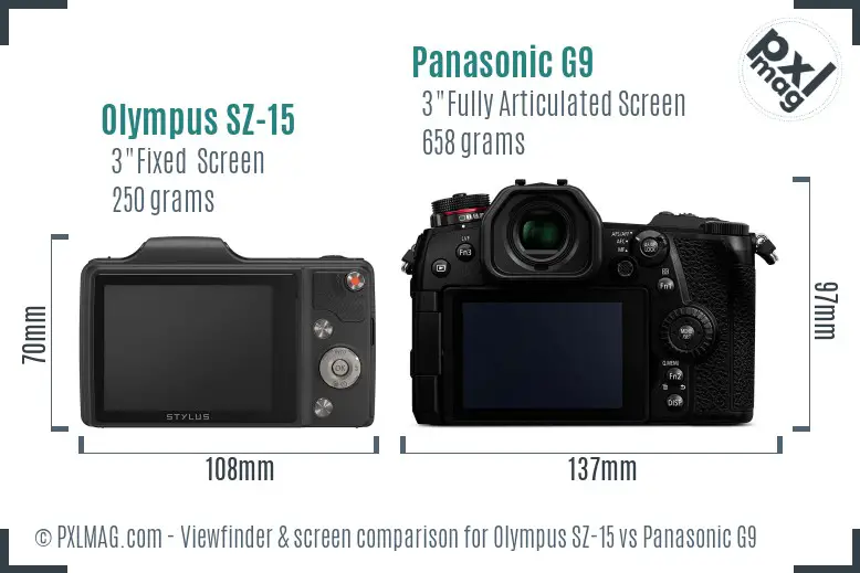 Olympus SZ-15 vs Panasonic G9 Screen and Viewfinder comparison