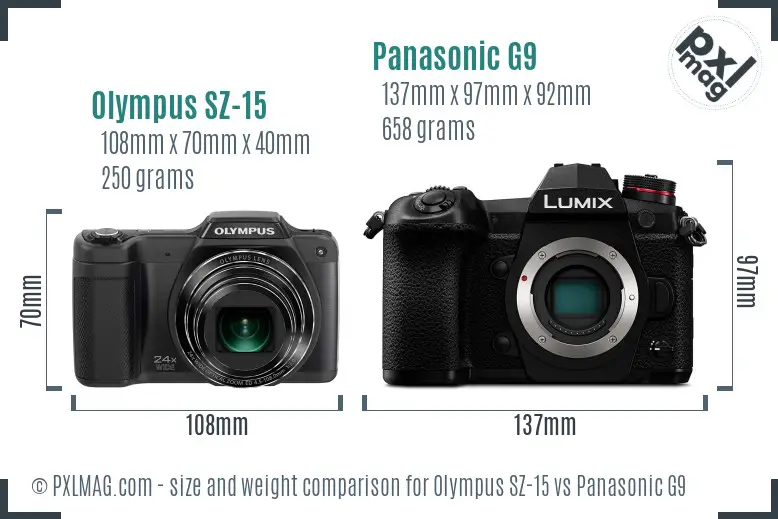 Olympus SZ-15 vs Panasonic G9 size comparison