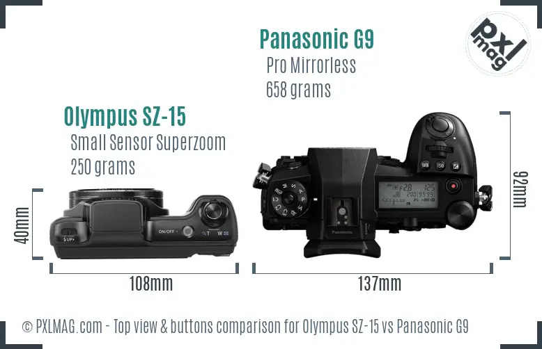 Olympus SZ-15 vs Panasonic G9 top view buttons comparison
