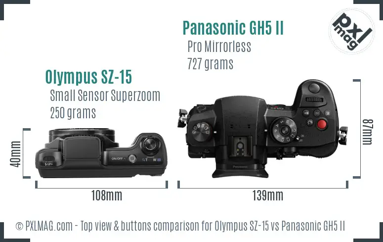 Olympus SZ-15 vs Panasonic GH5 II top view buttons comparison Olympus SZ-15 vs Panasonic GH5 II top view buttons comparison