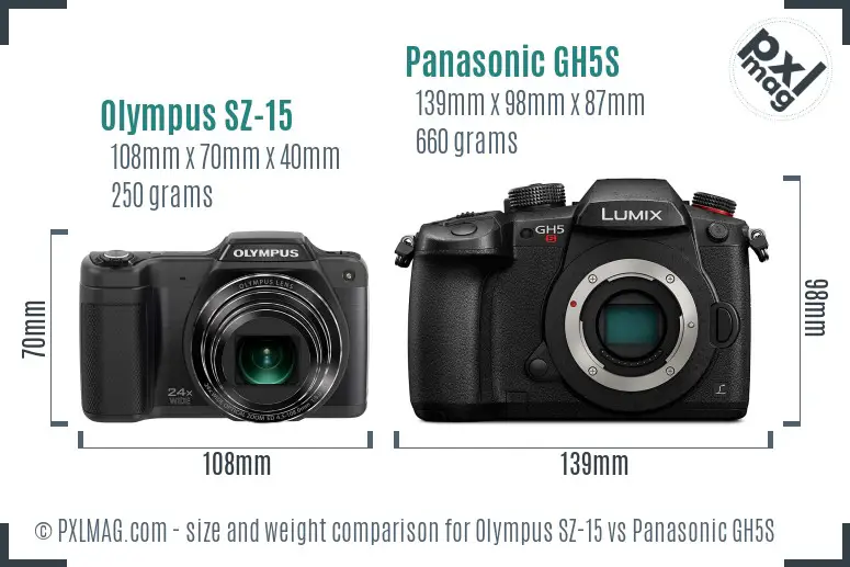 Olympus SZ-15 vs Panasonic GH5S size comparison