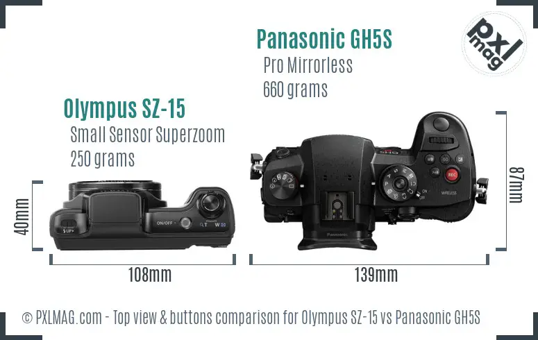 Olympus SZ-15 vs Panasonic GH5S top view buttons comparison