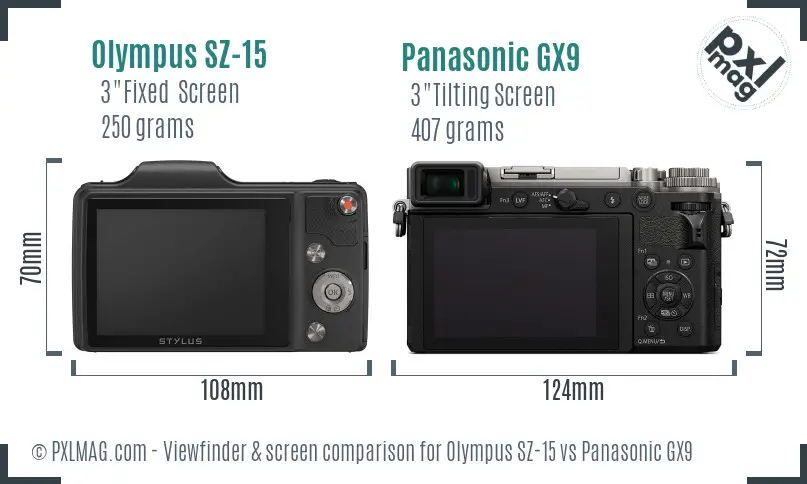 Olympus SZ-15 vs Panasonic GX9 Screen and Viewfinder comparison