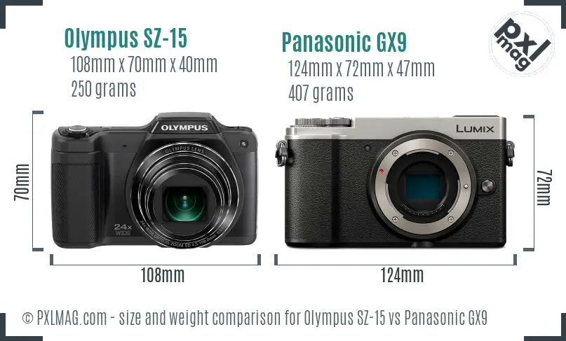 Olympus SZ-15 vs Panasonic GX9 size comparison