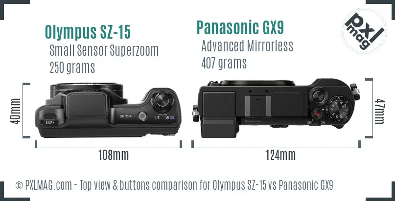 Olympus SZ-15 vs Panasonic GX9 top view buttons comparison