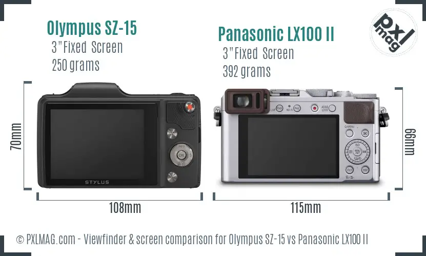 Olympus SZ-15 vs Panasonic LX100 II Screen and Viewfinder comparison