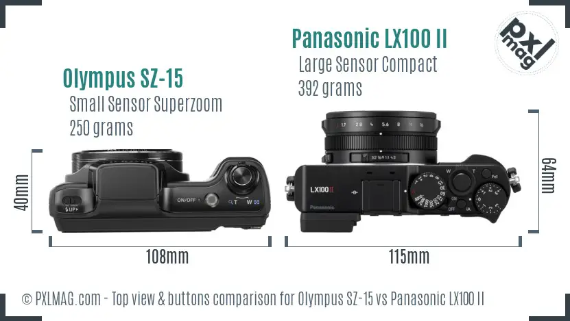 Olympus SZ-15 vs Panasonic LX100 II top view buttons comparison