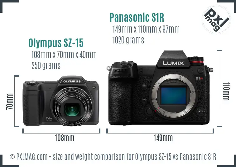 Olympus SZ-15 vs Panasonic S1R size comparison